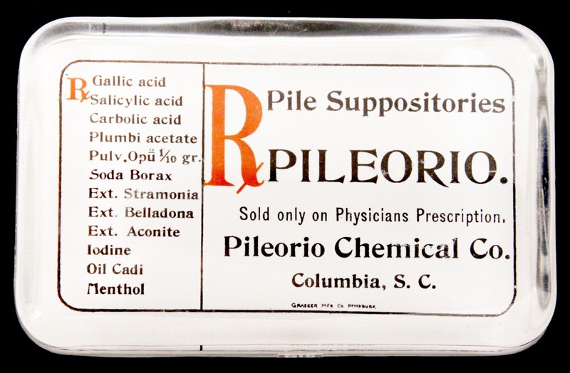 Antique Rectangle Glass Paperweight Medical Suppositories Pileorio Chemical Co.