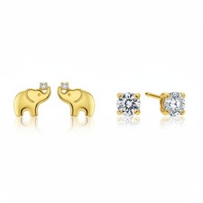 Set of 2 Tiny Lucky Elephant  Round CZ Stud Earrings 14K Yellow Gold Screw Back