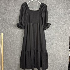 Madewell Lucie  Smocked Midi Dress Womens Size XS Black Puff Sleeves
