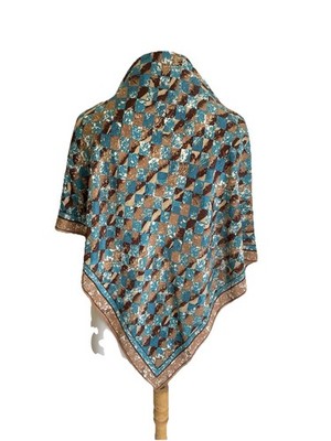 AS4# Albert Nipon Vintage Silk Scarf Brown Teal Geometric Check Pattern Designer