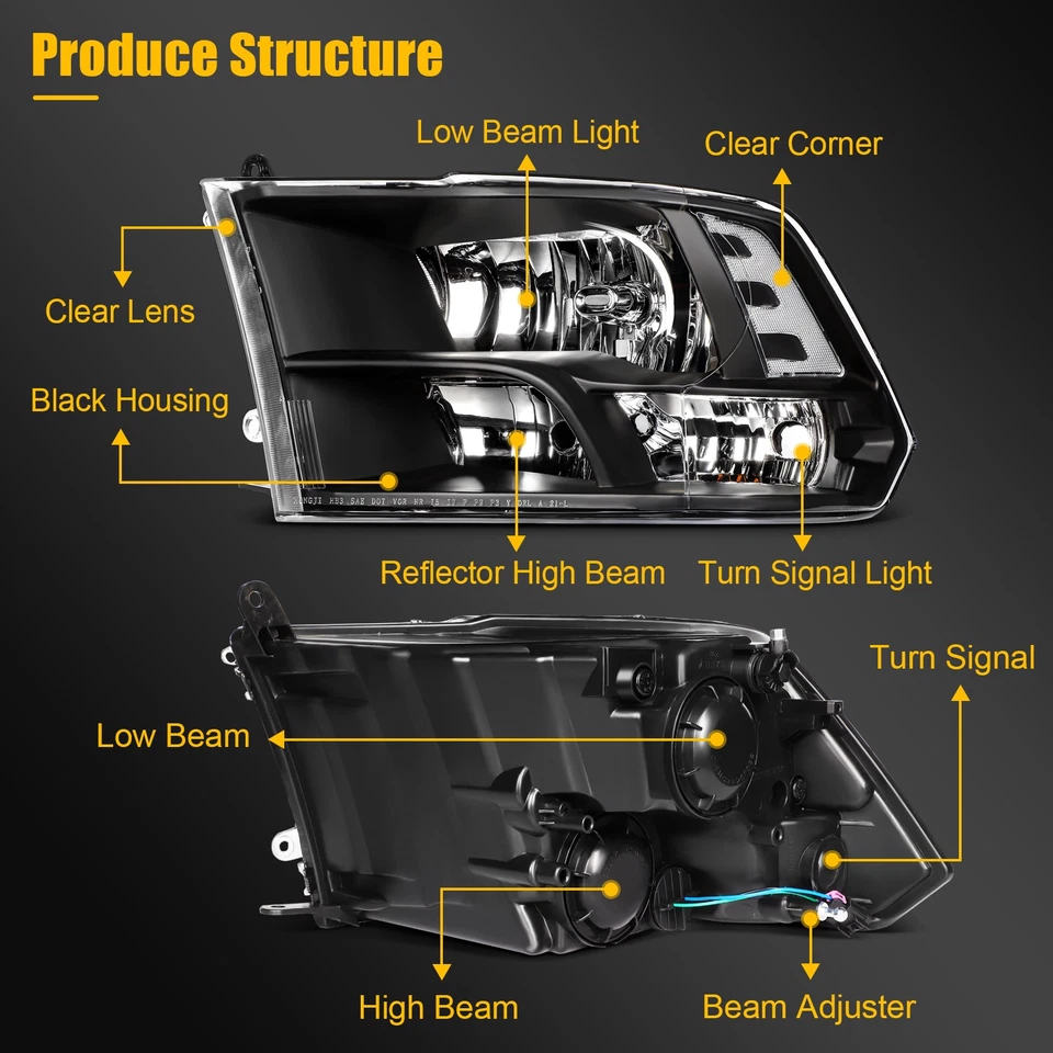 Conjunto de faros negros para Dodge Ram 1500-4500 2009-2018 carcasa faros Foto 3 de 4