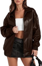 Leather Jacket Women Faux Oversized Motorcycle Bomber Coats Fall