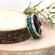 8mm Silver Tungsten Carbide Ring Green Crushed Stone Inlay Unisex Wedding Band