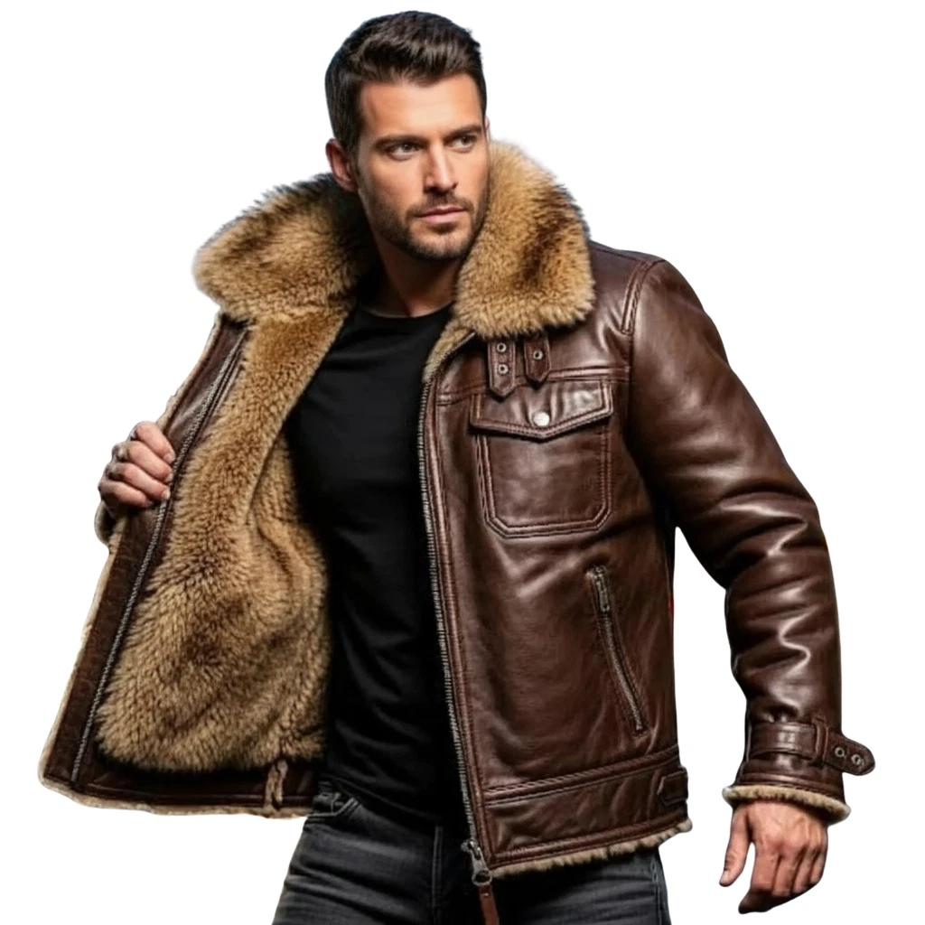 Men's Bomber Leather Jacket 100% Real Leather Tan Faux Fur Brown Winter Jacket