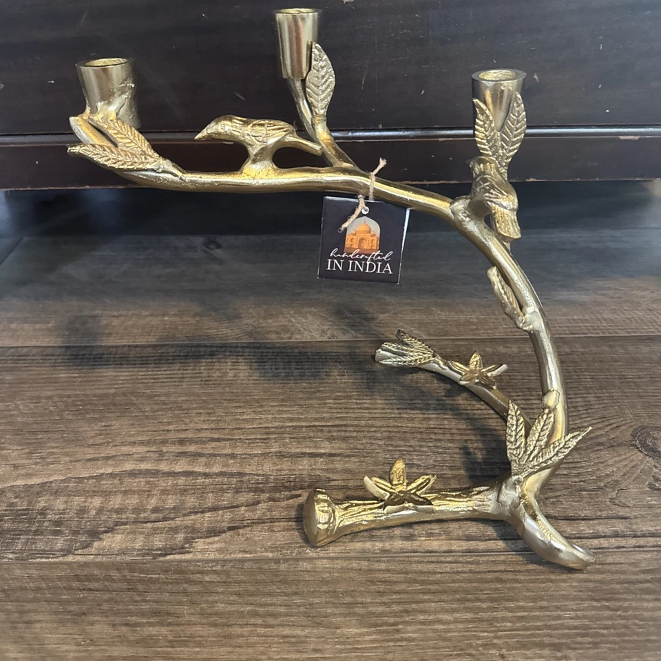 Candelabro dorado figurativo pájaros florales en árbol hecho en India Foto 3 de 4
