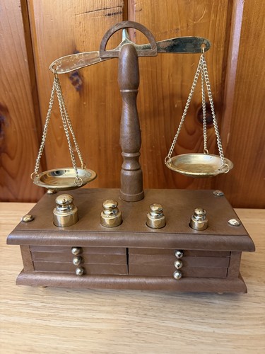 Vintage brown Acrylic 6 Coaster Set w/ Gold Tone Faux Scale+Weights Hong Kong