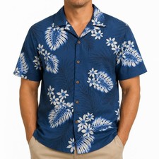 RJC Mens Hawaiian Aloha Shirt Blue Monstera Floral Cotton Made in USA Size M