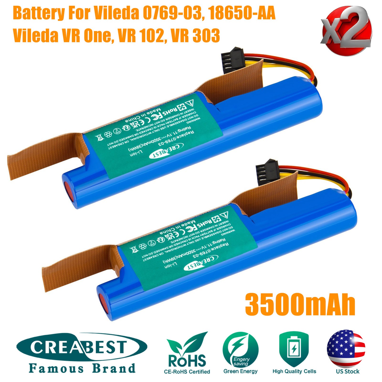 2x 10.8V 3.5Ah Li-ion Battery For Vileda VR102 VRONE VR201 PetPro VR303 18650-AA