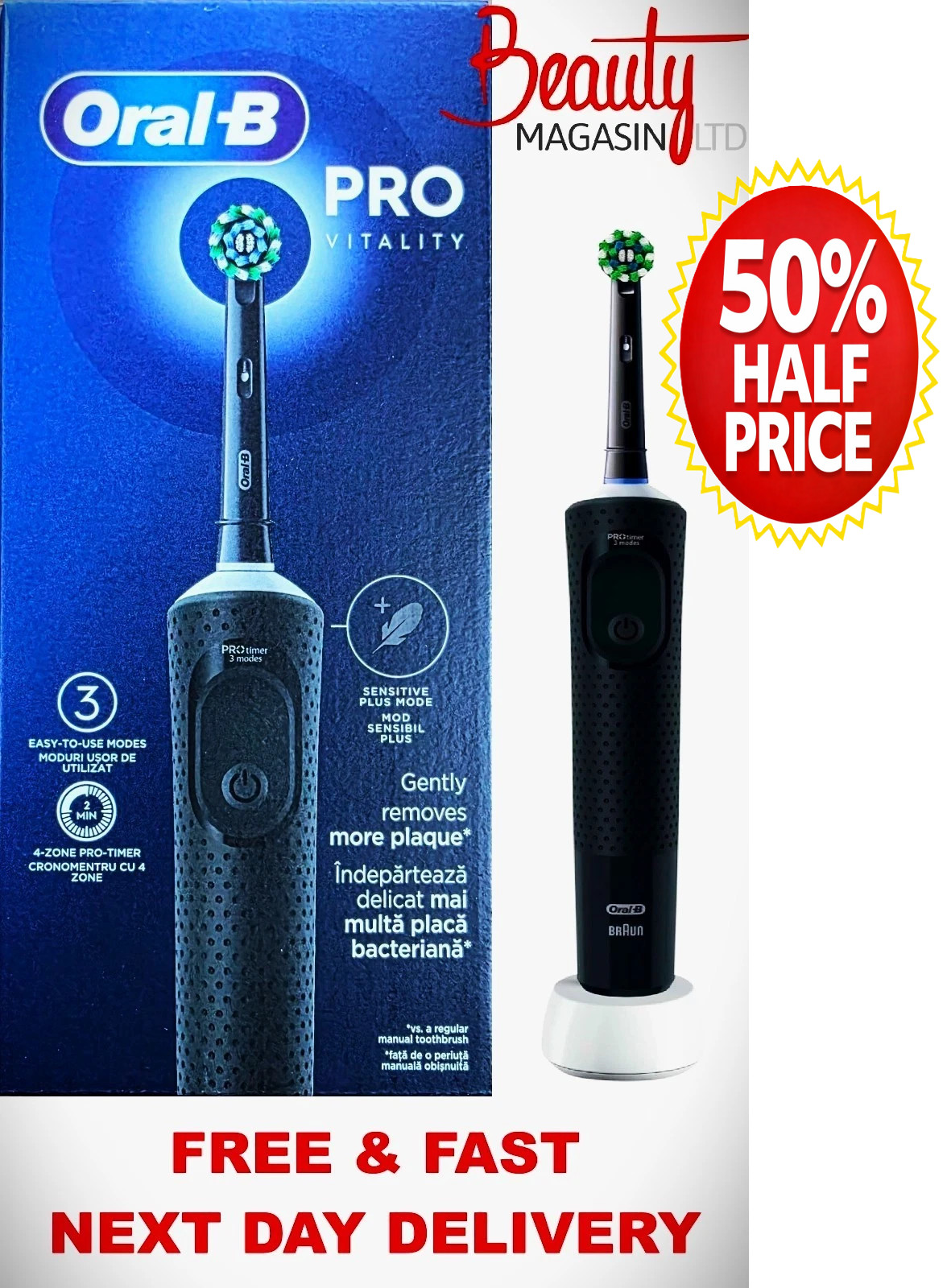Pro Vitality Electric Oral-B Toothbrush Black | 3 Modes UK Plug