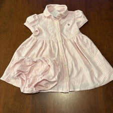 NWT Ralph Lauren Girls Pink Striped Knit Oxford Dress W/ Pony  Bloomer 6 M