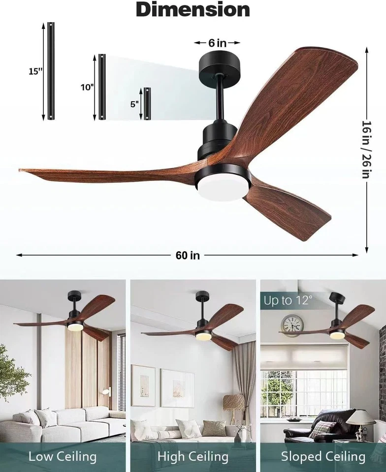 60 Inch Walnut Wood Ceiling Fan with Remote – Elegant Indoor & Outdoor Lighting - Image 4 of 4