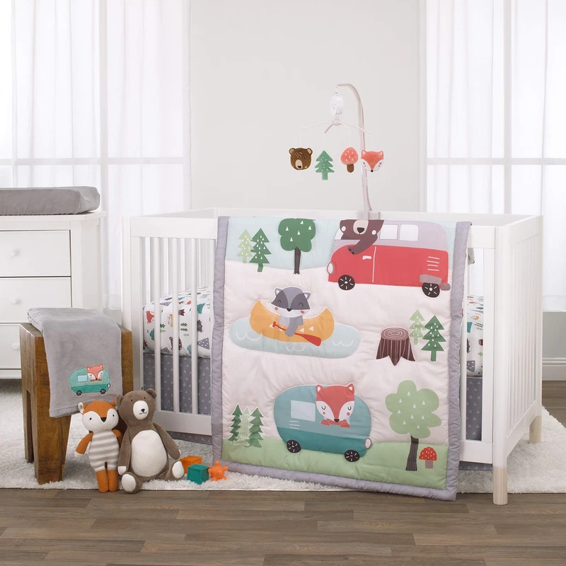 Little Love By Nojo - Retro Happy Camper Green Aqua And Grey 3 Piece Nursery