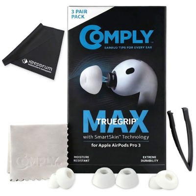 Comply TrueGrip MAX Ohrstöpsel für Airpods Pro 3 Weiss Größe L mit keepdrum Tuch