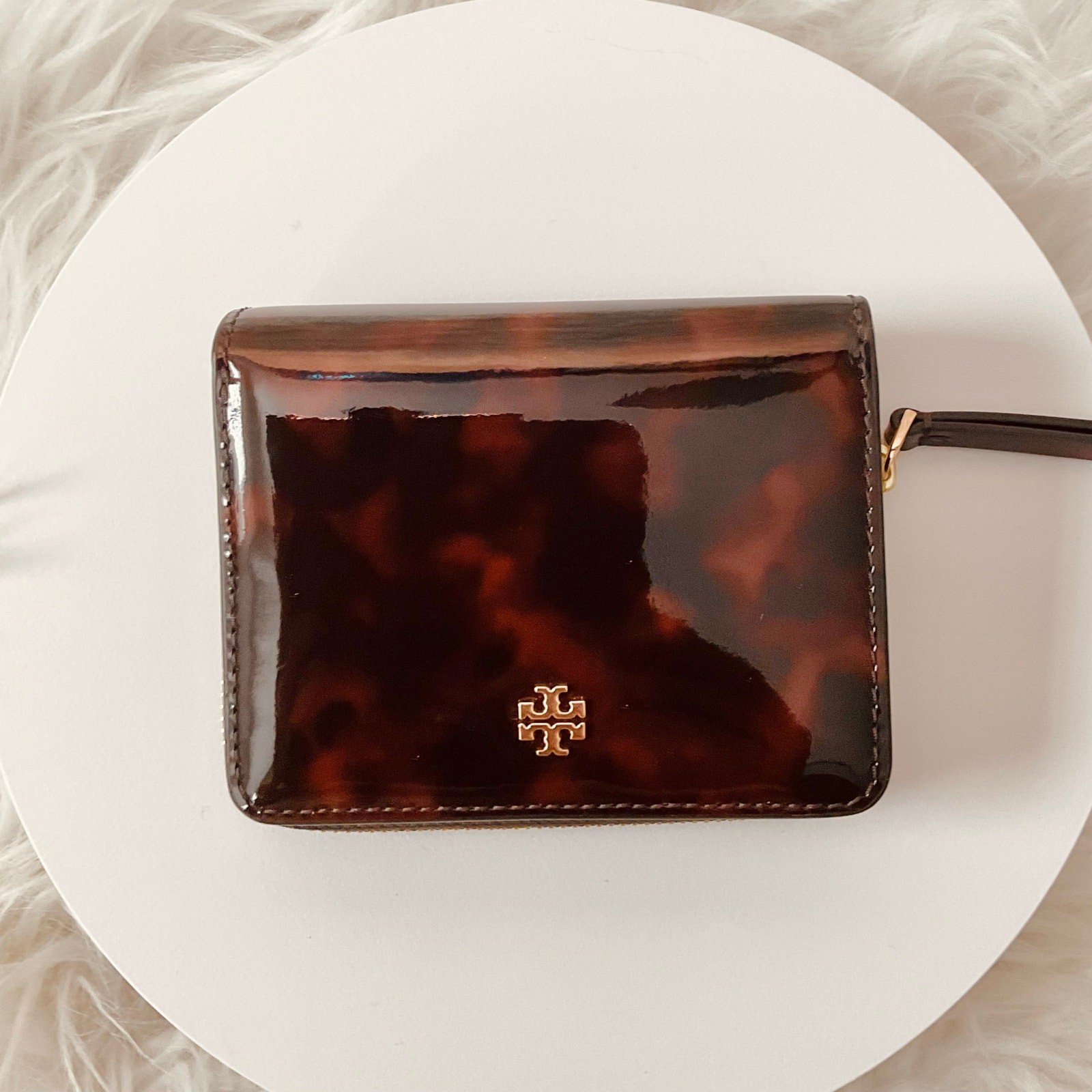 NEW $198 Tory Burch Emerson Bi-Fold Zipper Patent Wallet Tortoise Onyx Exotic thumbnail 2