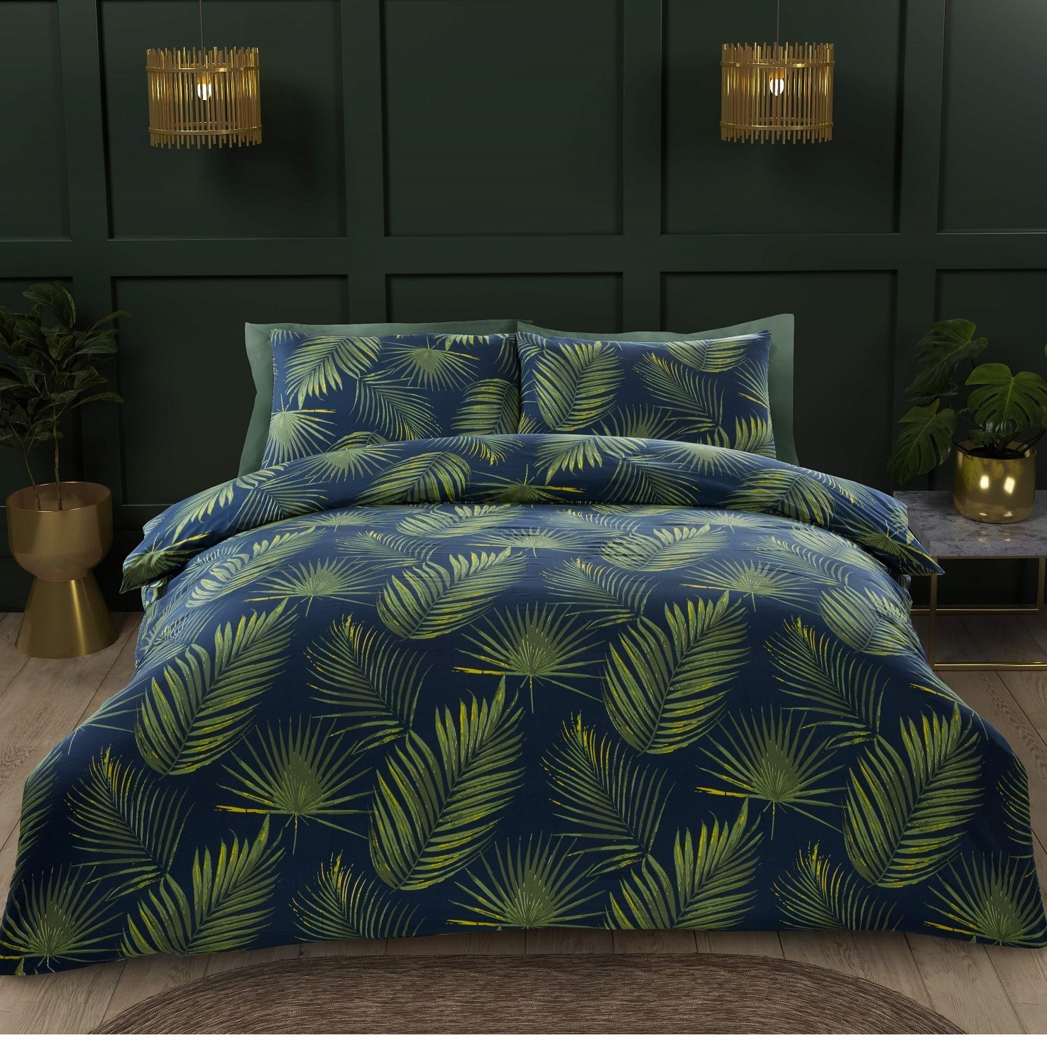 Palma Tropical Leaves Duvet Cover Set Quilt Bedding Linen Set King Green Navy