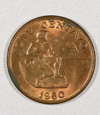 1960 Philippines 1-Centavo Bronze Coin, Almost Uncirculated