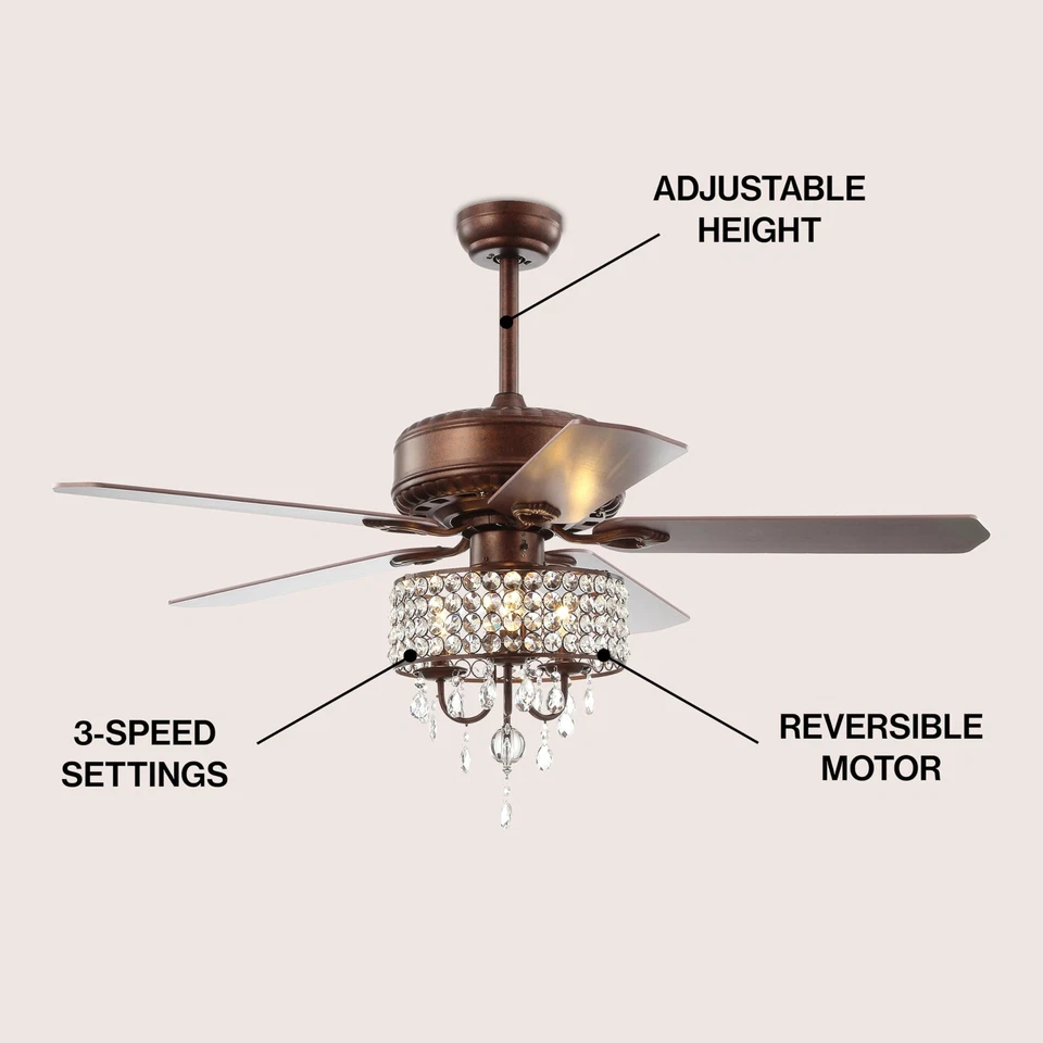 JYL9707A Becky 52" Crystal LED Chandelier Fan with Remote, Classic, Glam, Tra... Foto 4 de 4