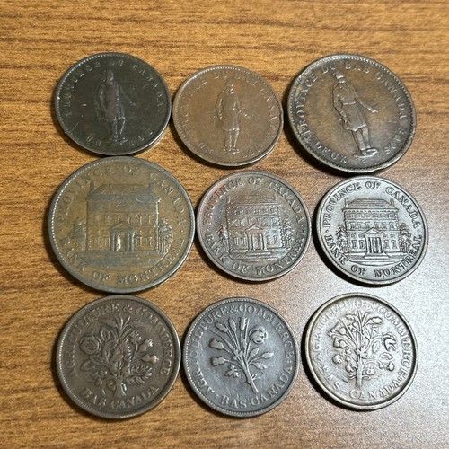 9 Canada Quebec Montreal Halfpenny Penny Un Sou Bank Tokens 1852 1837 1842 1844