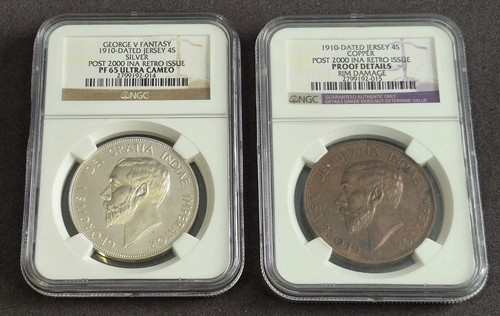 Jersey 1910 Fantasy 4S INA Retro Issue NGC Silver PF65 Ultra Cameo & Copper Pair