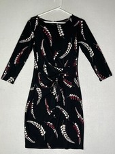 Ann Taylor Black Sheath Dress Front Knot Leaf Print 3/4 Sleeve Women SZ X Small
