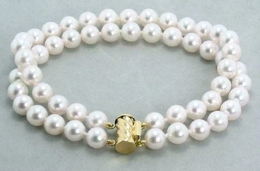 2 Row Real Natural AAA 7-8mm White Akoya Pearl Bracelet 7.5-8" 14k Gold Clasp - Image 2 of 3