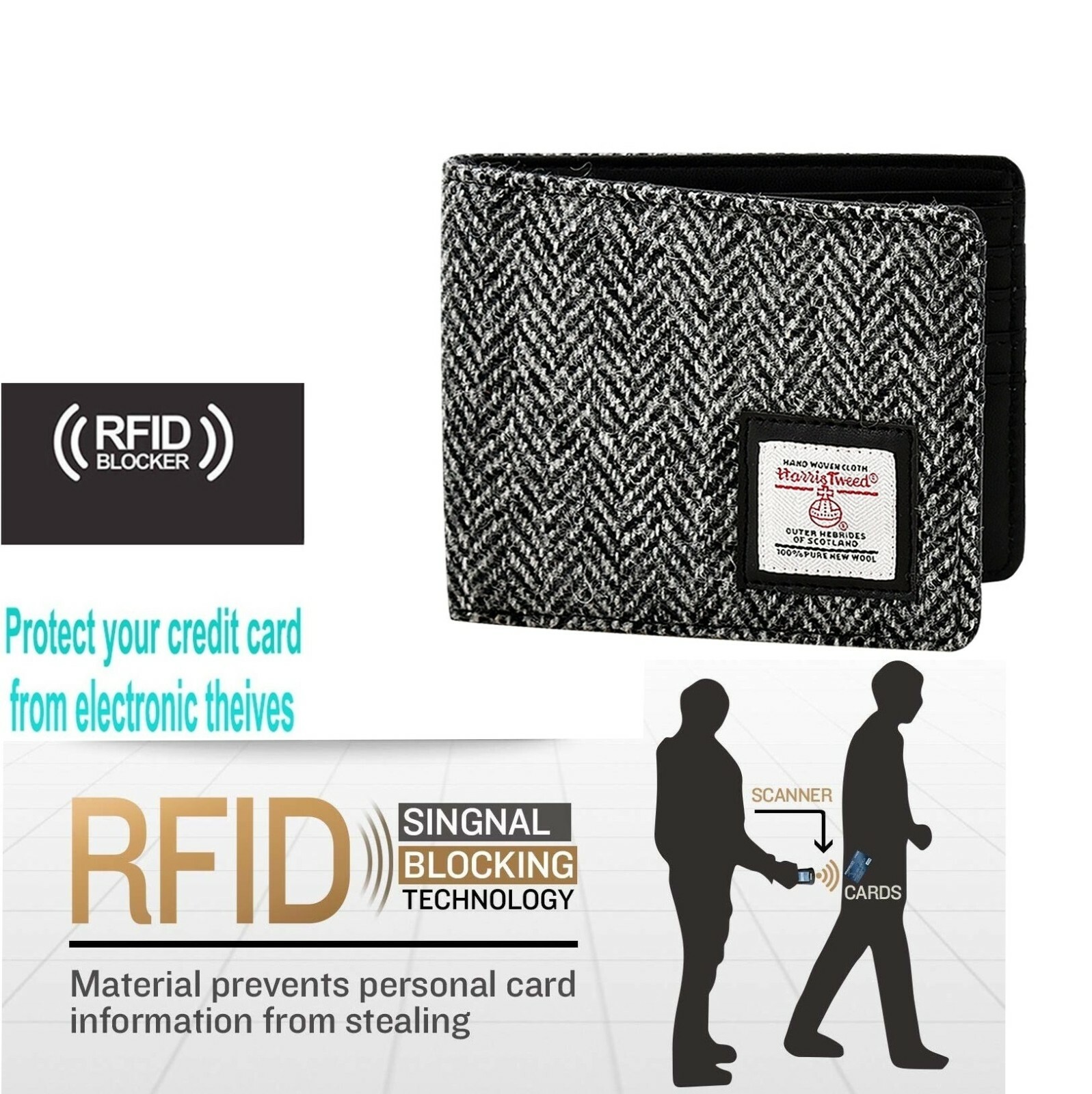 Men's Harris Tweed Bifold Grey Herringbone RFID Blocking Wallet Purse