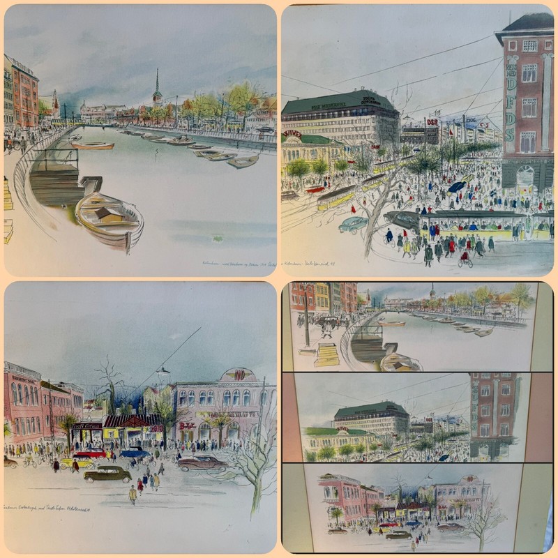 3 UNFramed Vesterbrogade Copenhagen & By The beach, Cityscapes signed 