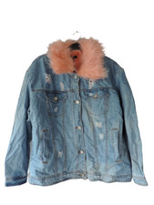 Missguided Pink Faux Fur Collar Denim Jacket Size Uk 8 Dh102 Aa 11