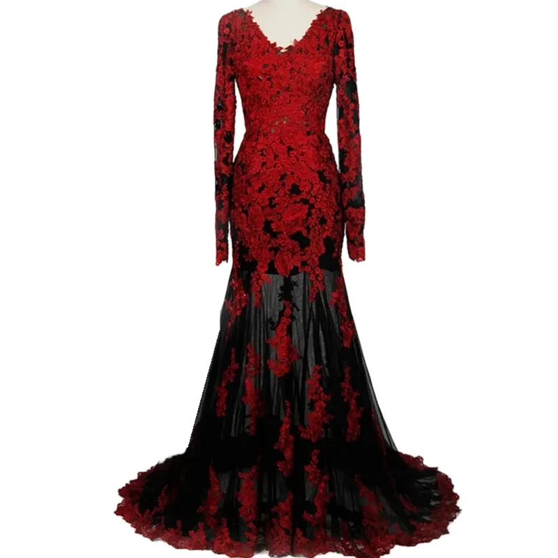 Vestidos de noiva góticos preto e vermelho sereia apliques de renda vintage sem costas - Imagem 3 de 4