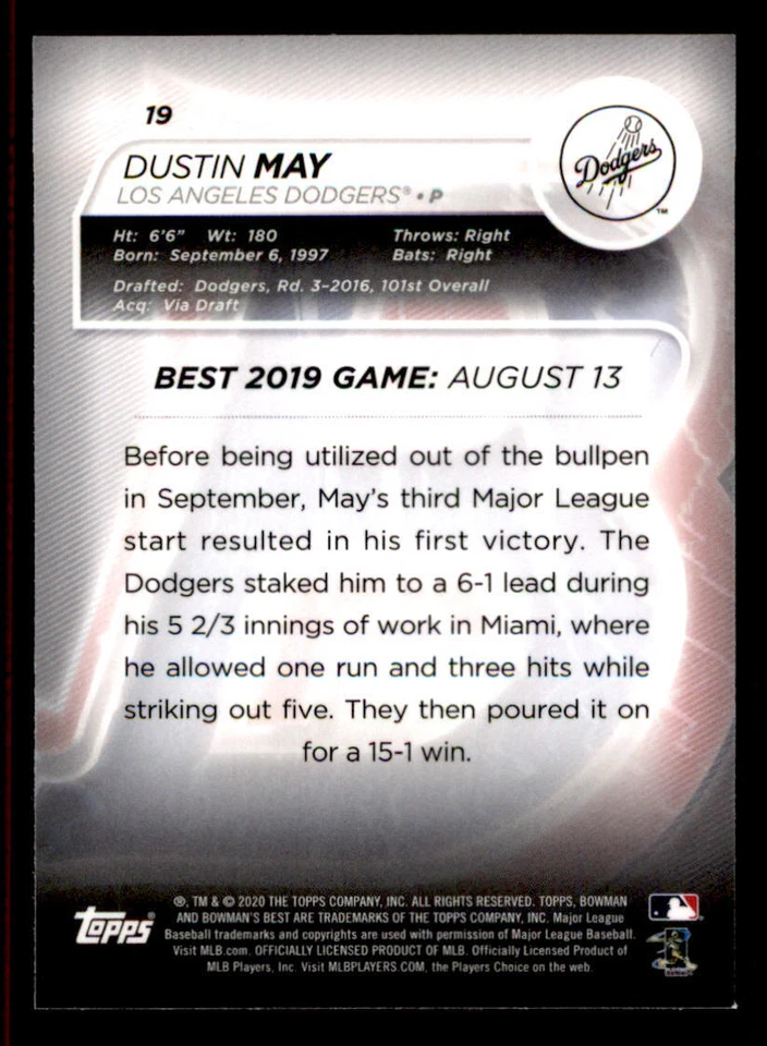2020 Bowman's Best #19 Dustin May RC - Image 2 of 2