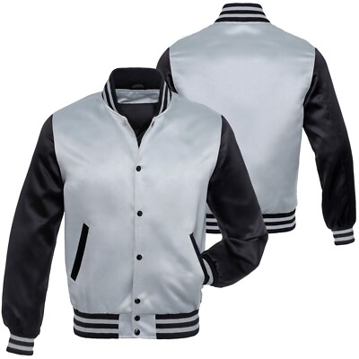Men's Grey and Black Satin Jacket Bomber Style Baseball Letterman