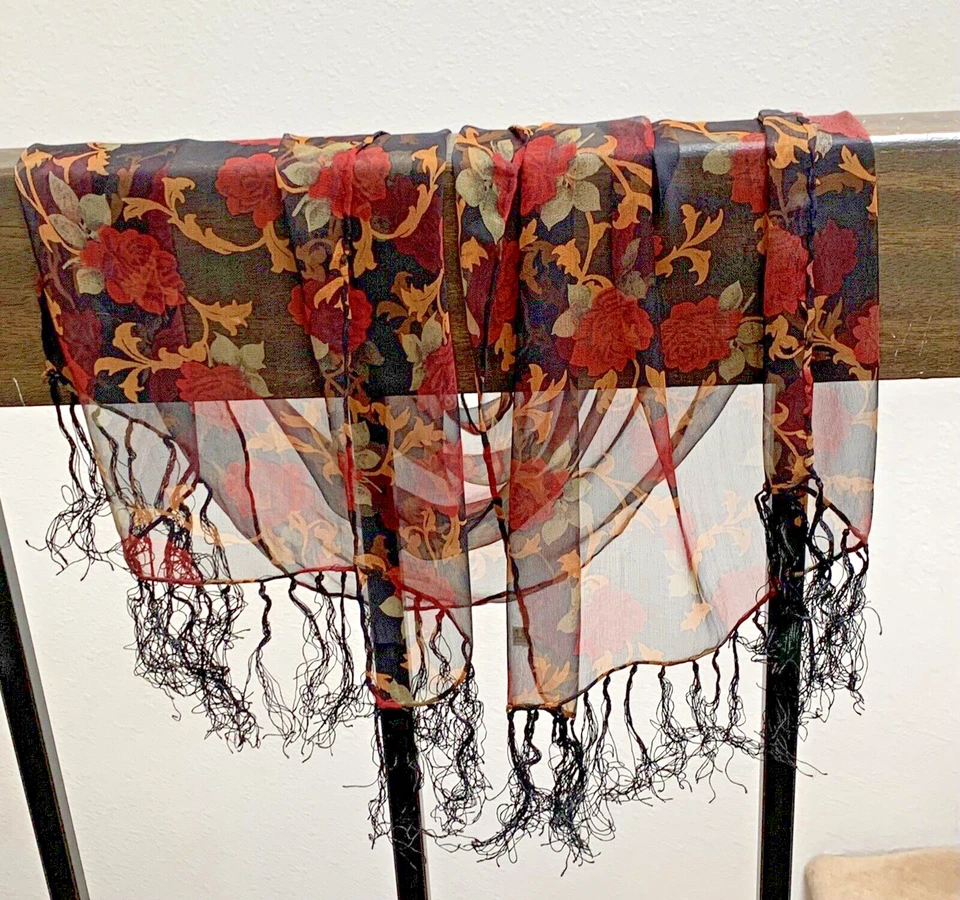Bufanda de seda larga transparente vintage con flecos atados a mano floral, rosa, rojo, dorado, negro Foto 2 de 4
