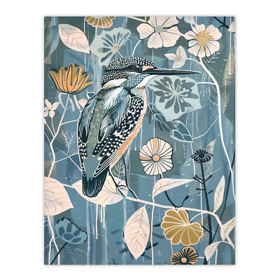 Blue Kingfisher Bird Floral Branch Flower Pattern Wall Art Poster Print