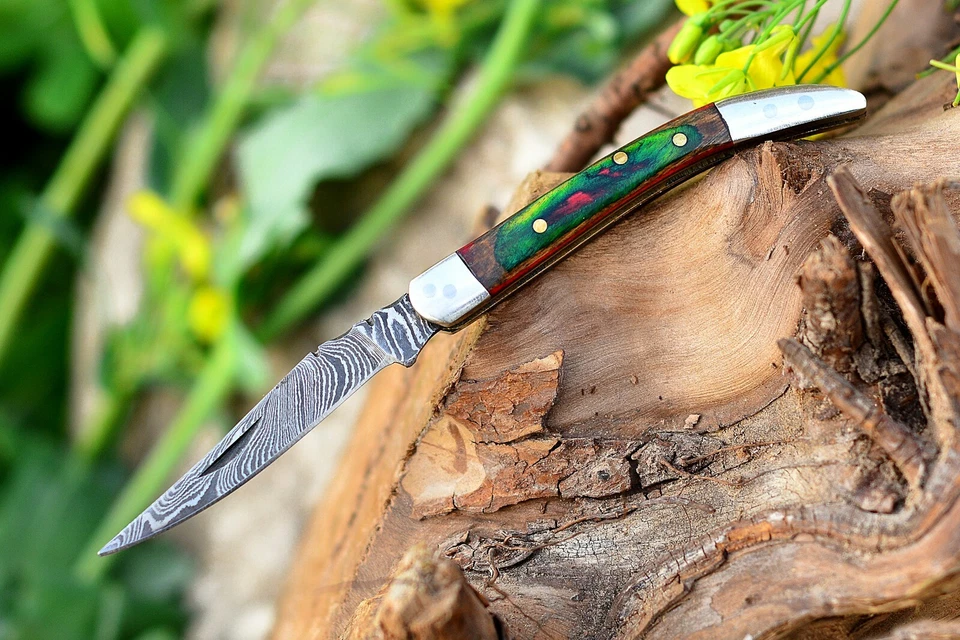 Cuchillo de Bolsillo Plegable Texas Palillo de Dientes Hecho a Mano Acero Damasco "Multi Mango de Madera" Foto 4 de 4