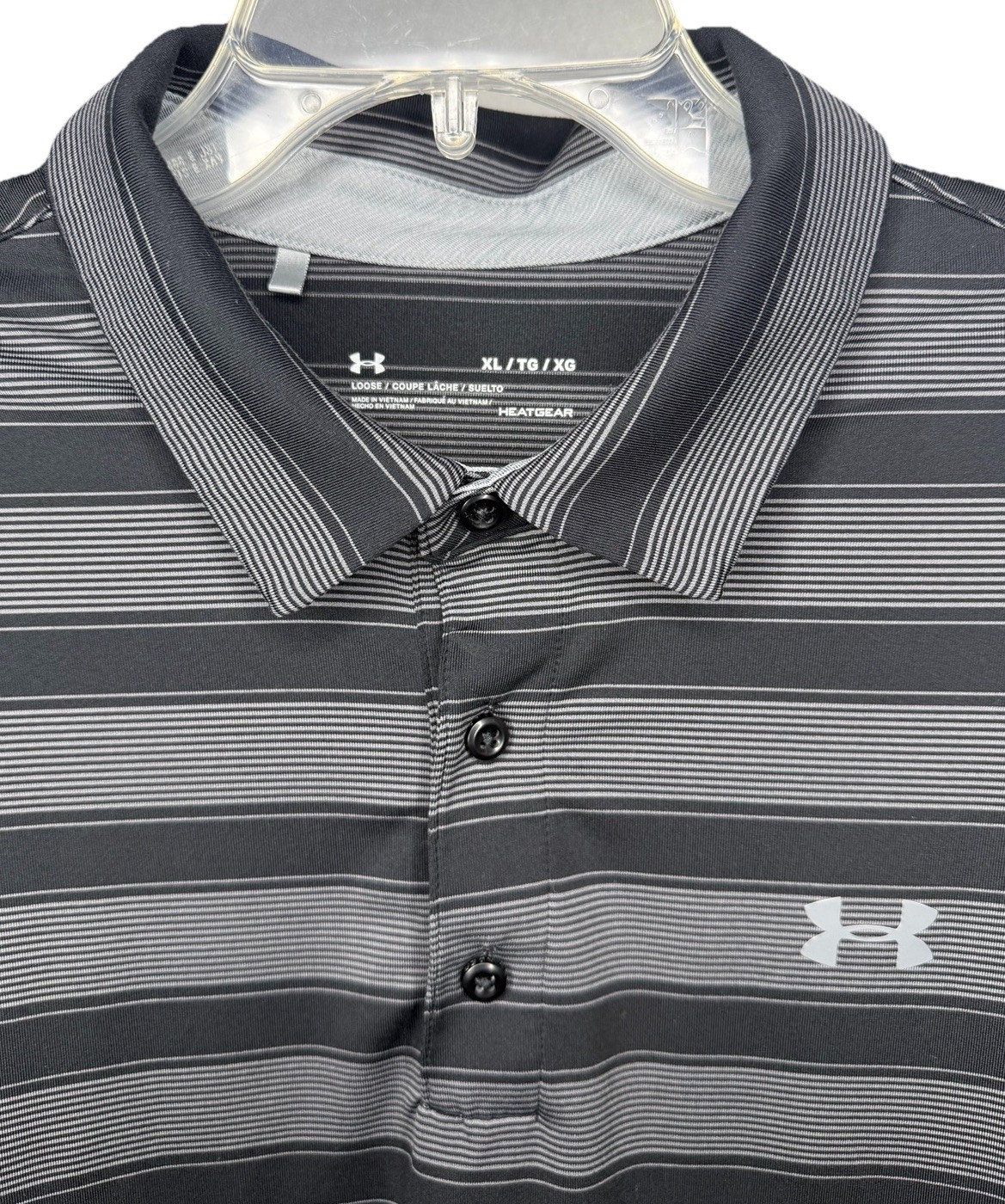 Under Armour Heat Gear Loose Fit Mens XL Gray Black Striped Short Sleeve Polo