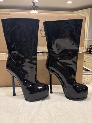 YVES SAINT LAURENT TRIBUTE Too BLACK PATENT LEATHER MIDCALF STILETTO 38.5 Fits 8