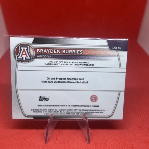 Brayden Burries 2025 Bowman Chrome 1st Auto Blue X-Fractor #/150 Arizona #CPA-BB - Afbeelding 2 van 2
