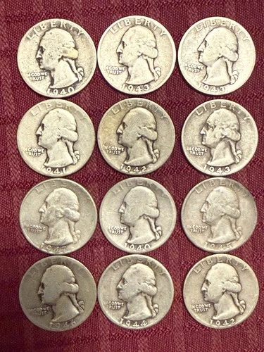 1940s Washington 90% Silver Quarters 12 Coin Lot In Good Shape