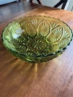 Vintage Indiana Glass Olive Green Daisy & Button Carnival Glass Bowl 8”