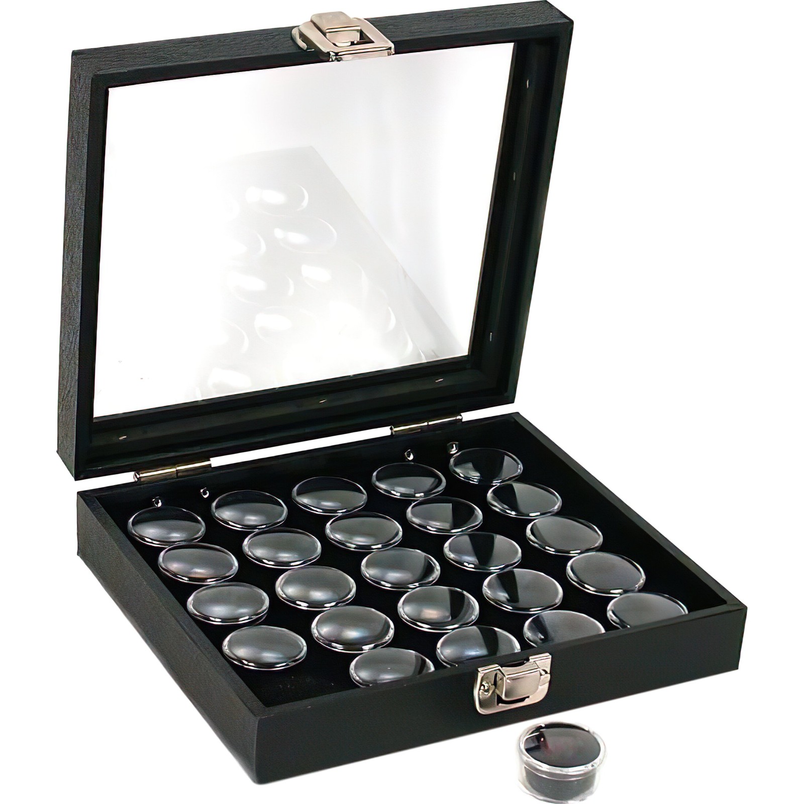 25 Gem Jars Black Display Tray Glass Lid Travel Case