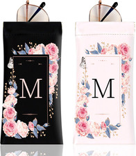 2Pcs Initial Letter Sunglass Eyeglass Glasses Case Soft PU Leather with Cleaning