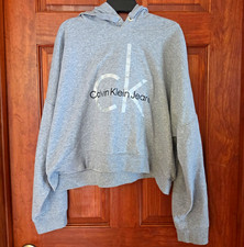 Calvin Klein Jeans Women s XL Gray Logo Pullover Hoodie Fleece Cotton