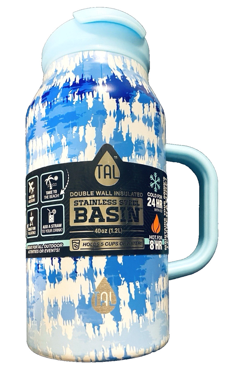 NEW TAL BASIN 40oz BLUE TIE DYE Sports Outdoors Water Hydration Bottle Mug