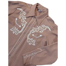 Vintage H Bar C Embroidered Western Pearl Snap Shirt 70's Tan L/XL Cowboy HBarC