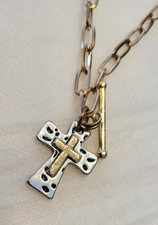 Hammered Two Toned Cross Necklace With Paperclip Chain Christian