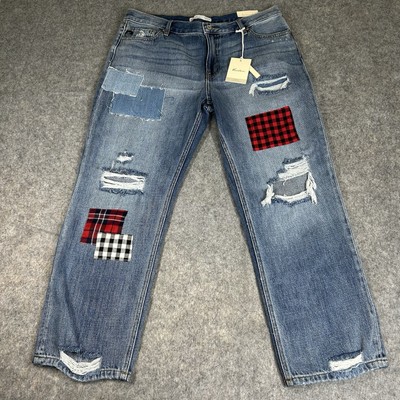 Kancan Jeans Womens 30 High Rise Boyfriend Medium Wash Denim Patch Distressed