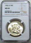 1962-D Franklin Half Dollar NGC MS64 90% FBL Frosty Just Graded New Holder U296H