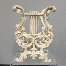 Vtg Harp Magazine Rack Holder Gold White Cast Metal Lyre DECOR 11" H ROCOCO