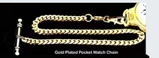 Gold Plated Strong 5mm Wide Pocket Watch Chain With T Bar and Swivel Hook