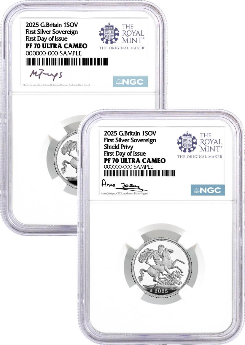 2025 G. Britain 1 Sovereign Silver 2pc Set NGC PF70 UCAM First Day 